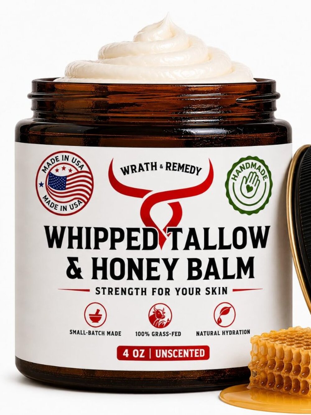 Organic Beef Tallow for Skin & Face Whipped Honey Balm, Unscented Grass Fed